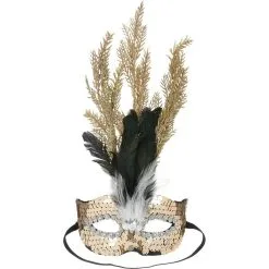 Gold Leaf & Black Feather Masquerade Mask