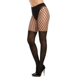 Black Opaque Pantyhose For Adults With Fishnet Thigh