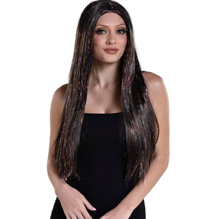 AMSCAN Brunette & Iridescent Tinsel Long Straight Wig, 30in 1 AMSCAN Brunette & Iridescent Tinsel Long Straight Wig, 30in
