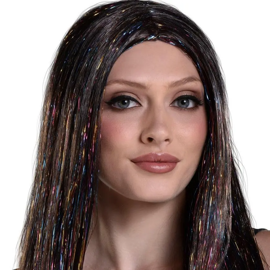 AMSCAN Brunette & Iridescent Tinsel Long Straight Wig, 30in 2 AMSCAN Brunette & Iridescent Tinsel Long Straight Wig, 30in - Image 2