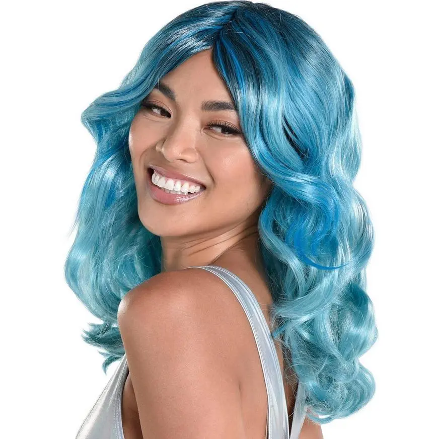 AMSCAN Blue Medium Length Curly Wig 2 AMSCAN Blue Medium Length Curly Wig - Image 2