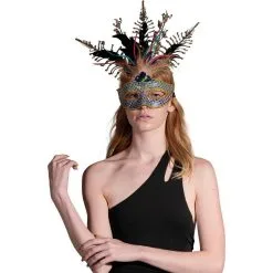 Adult Rainbow Rhinestone & Gold Feather Masquerade Mask -Costumes By Theme Shop 942820 01